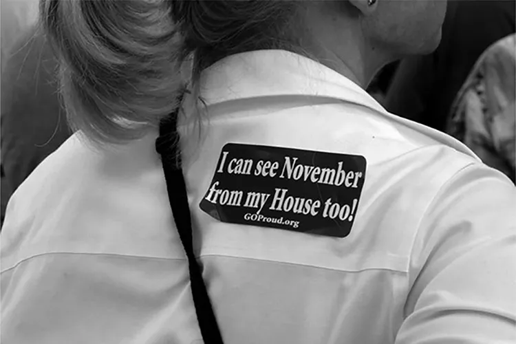 Figure 1.1 Person wearing ‘I can see November from my House too!’ sticker at Restoring Honor rally, National Mall, Washington, D.C., August 28, 2010