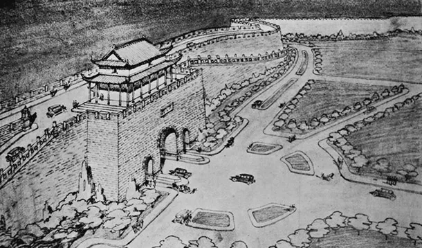 Figure 1.7 Illustration by Huang Yuyü c.1929 portraying the potential to convert Nanjing’s ancient city walls into a highway for motorcars as part of the city’s modernisation programme.