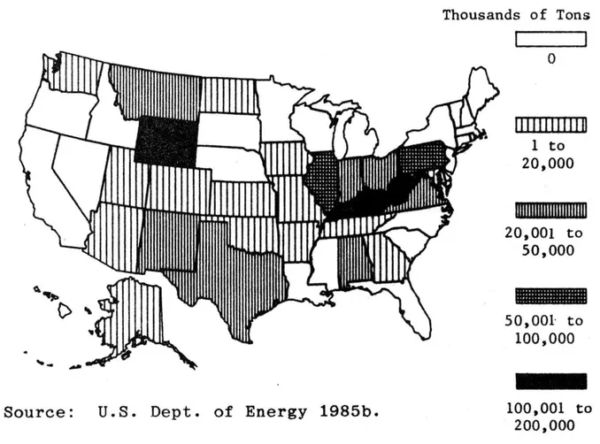 Figure 1.2 Coal production in 1983 Source: U.S. Dept. of Energy 1985b.