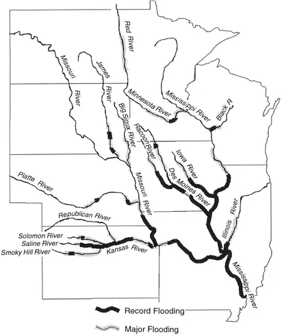 FIGURE 1-1 The reaches of rivers that experienced new record floods and those with nonrecord but major flooding in 1993 (adapted from IFMR Committee, 1994).