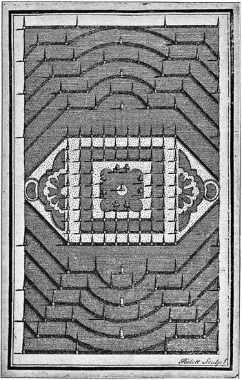 Figure 1.1 Kensington Palace, London: gravel-pit amphitheatre (north to top). Plan reproduced from Thomas Tickell, Kensington Gardens, 1722. Private collection.