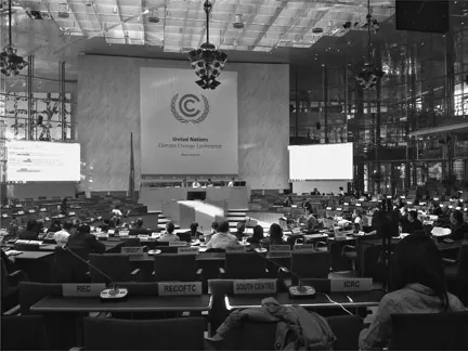 Figure 1.1 An ADP plenary meeting at the Bonn intersession meeting in June 2015. Country delegates sit in the central ring, while observers’ seats are located at the back of the hall and on the balcony at the first floor.