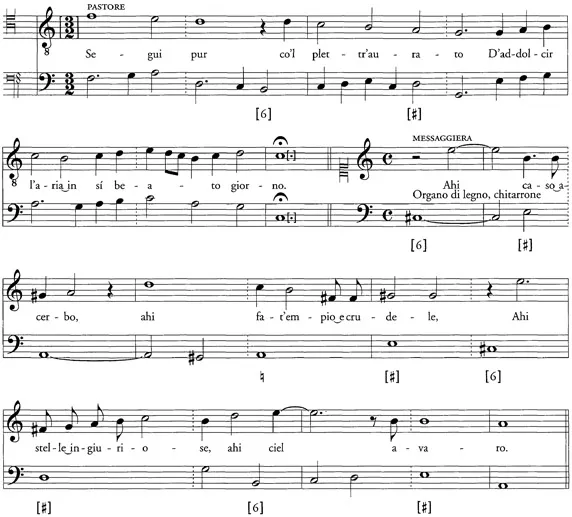 Example 1. CLAUDIO MONTEVERDI: Orfeo, Ricciardo Amadino, Venezia 1609, act II, p. 36 (with minor editorial amendments).