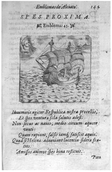 FIG. 1. Diego Lopez, Declaración magistral sobre las Emblemas de Andrés Alciato (Nájera: Juan de Mongaston, 1615), Emblema 43: Spes proxima, p. 144. By permission of University of Glasgow Library, Special Collections