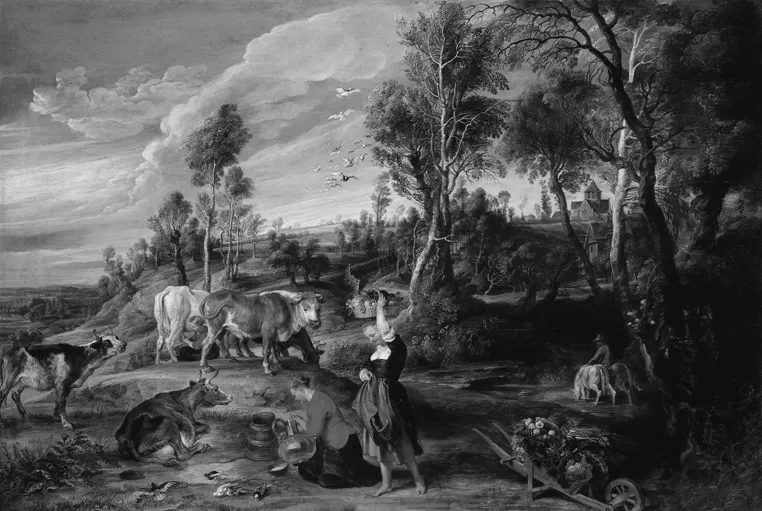 Figure 1.2 Peter Paul Rubens, Milkmaids with Cattle in a Landscape (The Farm at Laken), c. 1617–18, oil on panel, 85.9 × 127.9 cm (RCIN 405333). Picture Gallery, Buckingham Palace, London. Credit: Royal Collection Trust © Her Majesty Queen Elizabeth II, 2016.