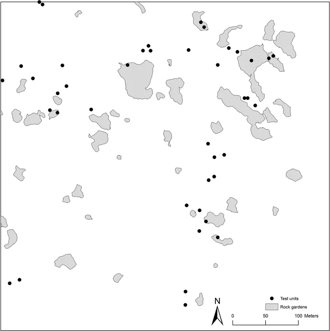 Figure 1.3 Garden and test unit locations for Survey Area 1 (top) and Survey Area 2 (bottom)