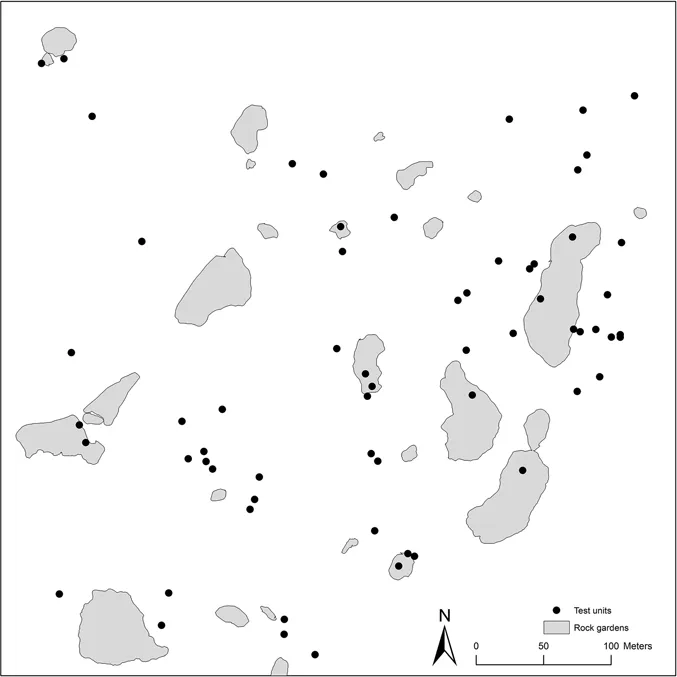 Figure 1.3 Garden and test unit locations for Survey Area 1 (top) and Survey Area 2 (bottom)