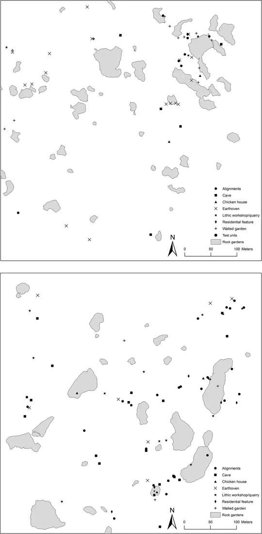 Figure 1.4 Feature locations in Survey Area 1 (top) and Survey Area 2 (bottom)