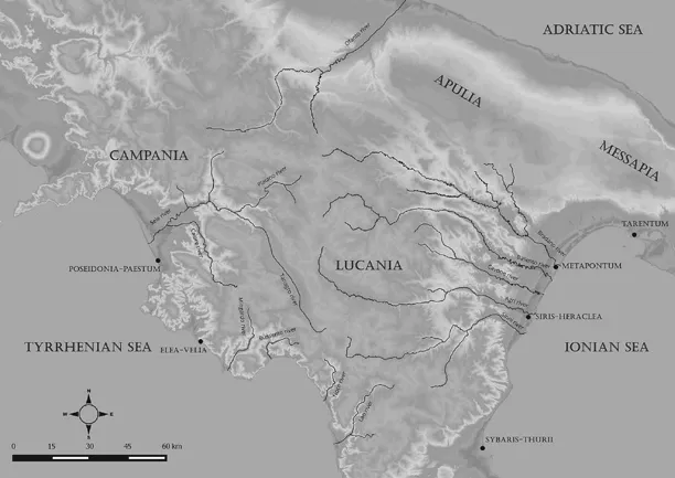 Figure 1.1 Ancient Lucania. Geographical features and location of the Greek colonies