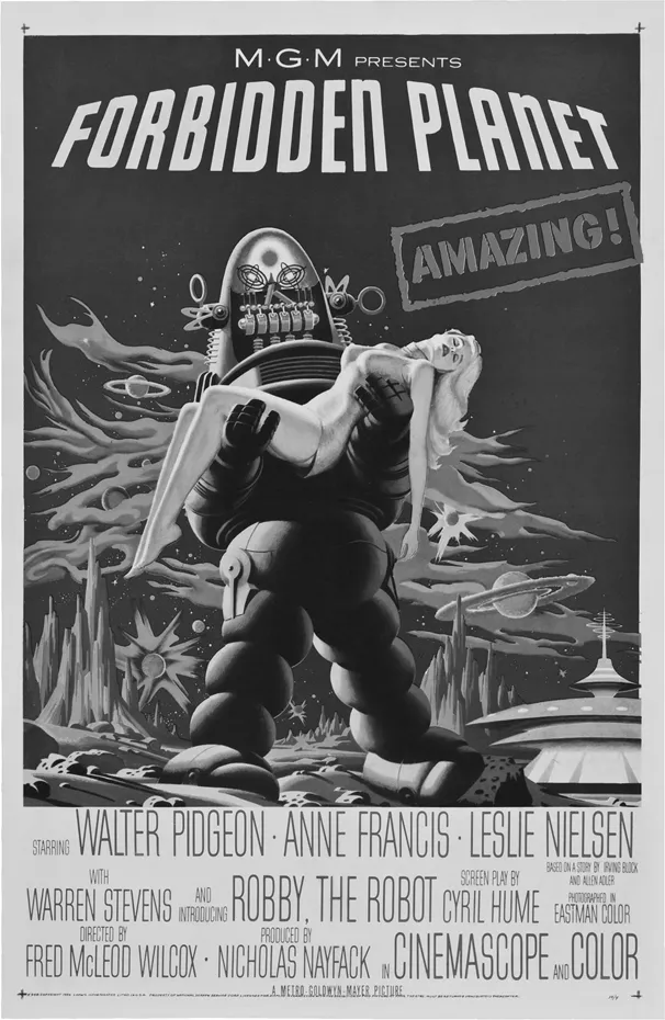 Figure 1.2 Theatrical poster for the film Forbidden Planet (1956) and featuring the imposing figure of Robby the Robot.