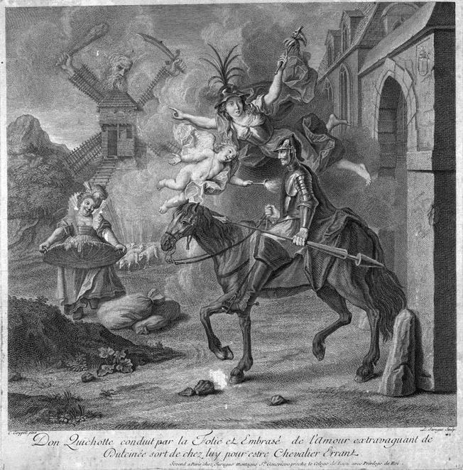 Figure 1.2 Don Quichotte conduit par la Folie et Embrasé de l’amour extravaguant de Dulcinée sort de chez luy pour estre Chevalier Errant. Charles-Antoine Coypel (des.) and Louis Surugue père (eng.) (Paris: Chez Surugue, c. 1724)