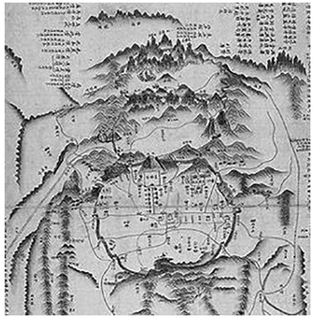 Figure 1.4. Boundary of Hansong in the late eighteenth century as seen in Gyongdo, showing that the city has expanded beyond the four gates originally demarcating the administrative boundary.