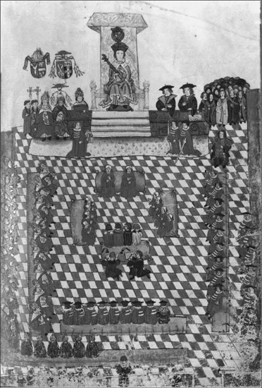 Illustration 1.1 Henry VIII in parliament, unknown artist, c.1532. [The Wriothesley Garter Book, RCIN 1047414]. The Royal Collection © 2008 Her Majesty Queen Elizabeth II.