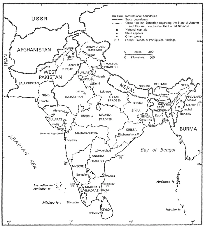 FIG O.I INDIA AND PAKISTAN 1967. I, international boundaries; 2, state boundaries; 3, cease-fire line in Kashmir; 4, national capitals; 5, other towns (those underlined are former French and Portuguese holdings); 6, state capitals; 7, Union Territories (also underlined islands). In November 1966 the Indian Punjab State was divided into a Punjabi-speaking largely Sikh Punjab States, some hill areas being transferred to Himachal Pradesh and the Hindi-speaking east becoming the new State of Hariana. As we go to press with the 1972 reprint, Bangladesh has been recognized by the Indian and various overseas governments as replacing East Pakistan.