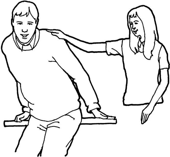 Figure 1.2 Non-communicative intention movement, from a videotape. The teacher leant forward in order to rise from the desk he was sitting on and move away, when the girl touched him. Her touch constituted a challengingly flirtatious invasion of his personal space, as discussed in chapter 7
Source: Reproduced with permission from Neill 1986a