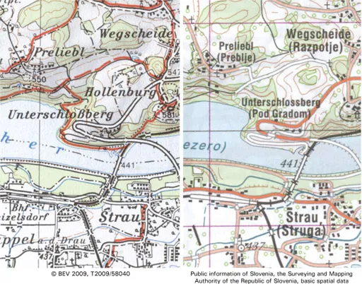 FIG. 1. Left: extract from sheet 202: Klagenfurt from the Austrian 1:50 000 topographic paper map series,11 and right: an extract of the same area shown on sheet 12: Jesenice from the Slovenian 1:50 000 topographic paper map series,12 (both extracts enlarged to 240%)