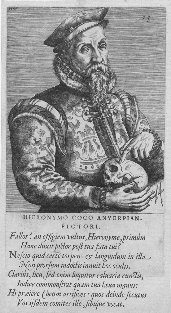 Figure 1.1 Johannes Wierix, Portrait of Hieronymus Cock, 155 × 119 mm, letterpress and engraving on paper, Plate 23 from Domenicus Lampsonius, Pictorum Aliquot Celebrium Germaniae Inferioris Effigies, 1572, Rijksmuseum, Amsterdam (RP-P-OB-67.042)