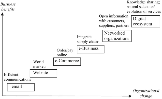Figure 1.1 e-Business adoption ladder Source: Adapted from DTI (2001), and Nachira (2002)