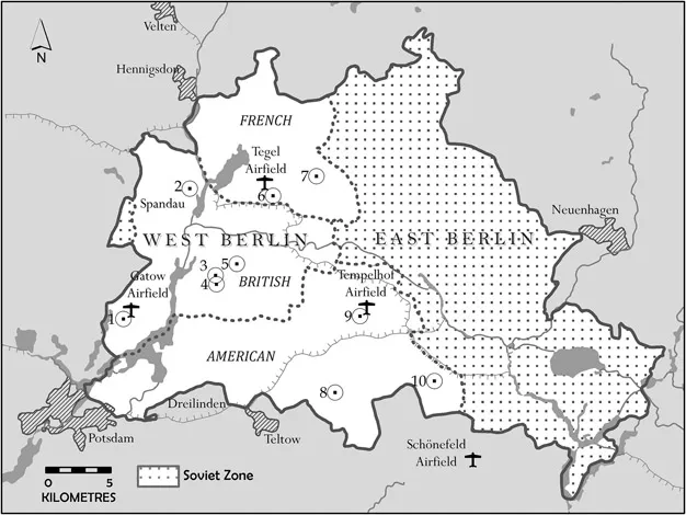 Figure 1.1 Cold War Berlin showing the occupation sectors and principal western signals intelligence-gathering sites