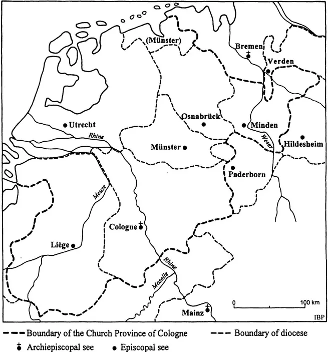 1.1 Diocesan boundaries in continental North-Western Europe: the church province of Cologne with neighbouring dioceses. (Drawn by Inger Bjerg Poulsen, after Platelle [1993].)