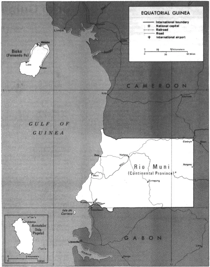 '"Continental Province" is a variant spelling not approved by the Board on Geographic Names. FIGURE 1.2 Rio Muni, Bioko, and Annobón.