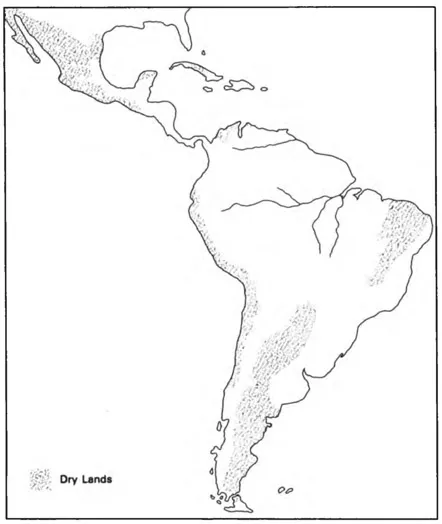 Figure 4 Map of dry lands: highland and lowland, including dry forest, cactus scrub, and desert (modified from Cole, 1965:42).