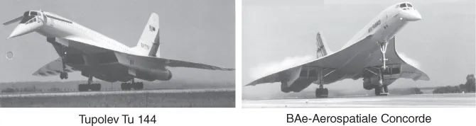 Photographs of two different models of aircrafts that were designed for commercial operations: (left) Tupolev Tu 144 and (right) BAe-Aerospatiale Concorde.
