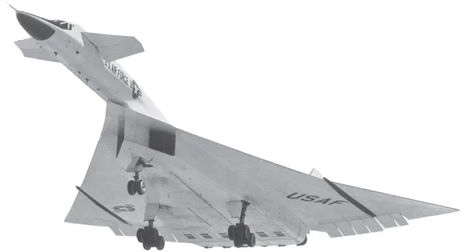 Photograph of the North American XB-70 Valkyrie strategic bomber/reconnaissance aircraft (first flight made in 1964).