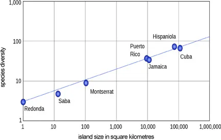 Figure 1.2 Examples of complex systems. Above: Starling murmurations, an example of a system with very simple rules producing complicated behavioral patterns. Below: The species diversity/island size relationship, caused by very complicated patterns of reptile and amphibian species interactions on and among islands in the Caribbean, yet forming a regular and predictable relationship between species diversity and island size.7