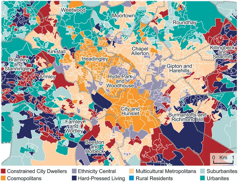 Figure 1.1 Distribution of 2011 geodemographic supergroups in inner city Leeds, by output area, 2011
