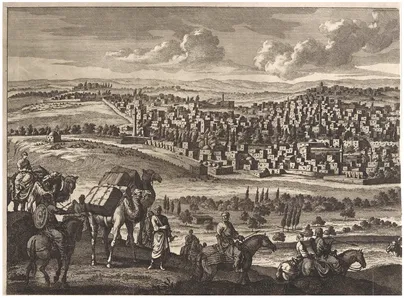 FIGURE 1.1 A caravan of horses and camels approaches Aleppo from the Mediterranean coast in the late seventeenth century, from Cornelis Le Bruyn, Voyage to the Levant (1702)