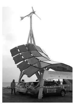 Figure 1.3 Inauguration in 2015 of Giraffe 2.0, which is a wind and solar power station by InnoVentum. It can be used, for example, in combination with charging electric vehicles. The basic configuration is for on-grid, but could also be made for off-grid. Source: S. Ruin.