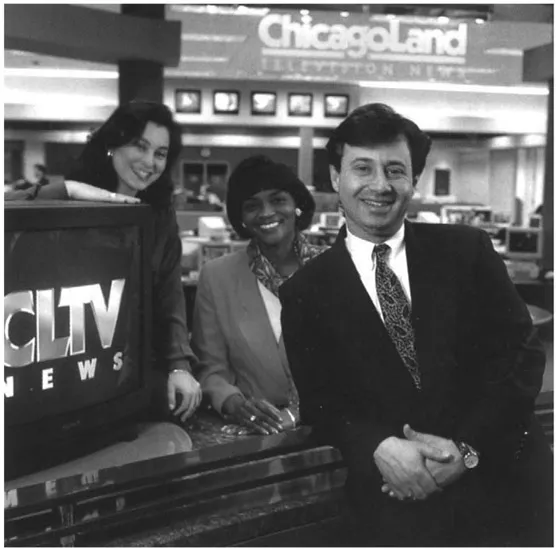 Fig. 4.2. The author (center), Jill Rosengard, CLTV assignment editor, and Michael Adams, director of news and programming, in the joint CLTV and Chicago Tribune Oak Brook bureau in 1993.