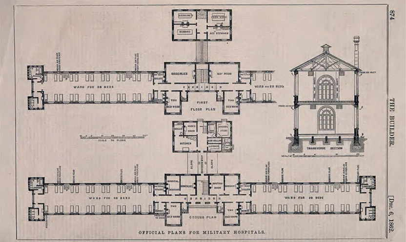 Figure 1.3: An official floor plan and transverse section with scale for new military hospitals, c. 1862. The design principles were based on direction from Florence Nightingale. Wood engraving after D. Galton.