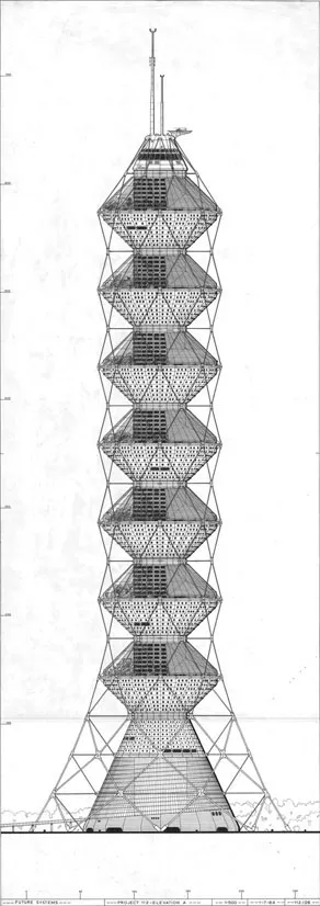 13. Coexistence Tower by Future Systems. The compression core and the helical arrangement of tension members around the perimeter have functional similarities with the structure of tree trunks