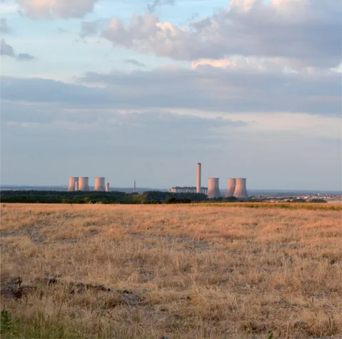 Fig 1.1 Didcot Power Station the evening before demolition of the three southern towers on 26 July 2014 – landscape architects work on large-scale projects that have a profound impact on the landscape; Frederick Gibberd for Central Electricity Generating Board 1964