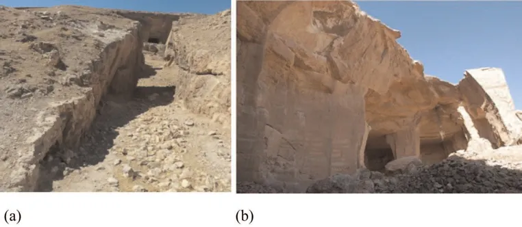 Figure 1.2 Remnants of open-pit and underground quarries during the early stages of excavations: (a) pathway leading to the quarries, (b) initial underground quarries