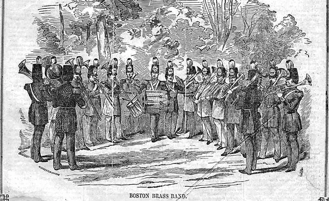 Figure 1.3 1851—Boston, MA: A woodcut from Gleason’s Pictorial Magazine (August 9, 1851) depicting the Boston Brass Band, which utilized exclusively over-the-shoulder brass instruments