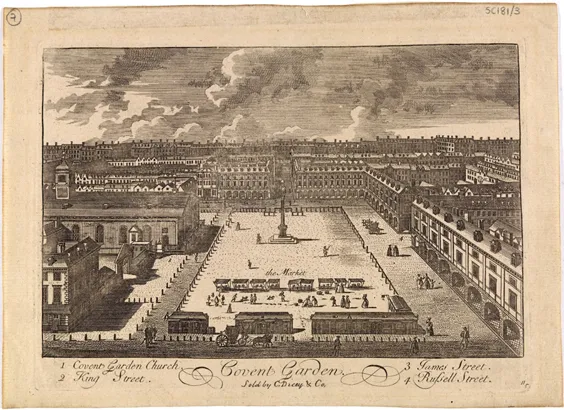 FIGURE 1.06 Historic view of Covent Garden Piazza, London, from 1745, showing the square and early market stalls.