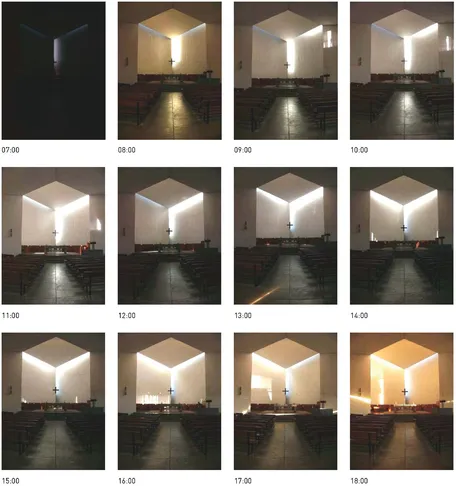 Figure 1.3 Variations in light and colour over the course of one day (27 August 2007), in the church of the Benedictine monastery of the Santísima Trinidad de las Condes, Santiago de Chile, 1960–5, by M Correa and G Guarda.