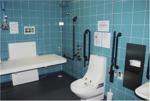 Figure 1.1 Changing Places toilet, City Hall, London, 2008: an existing (inaccessible) toilet and shower room on the ground floor of City Hall was converted by Ann Sawyer, of Access=Design, into a ‘Changing Places’ toilet.