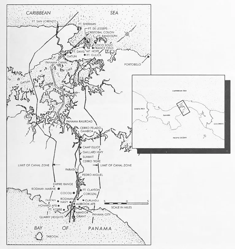 Figure 1.2 Map showing historical bases in the former Canal Zone. Panama Canal Museum Collection, Special and Area Studies Collections, George A. Smathers Libraries, University of Florida, Gainesville, Florida.