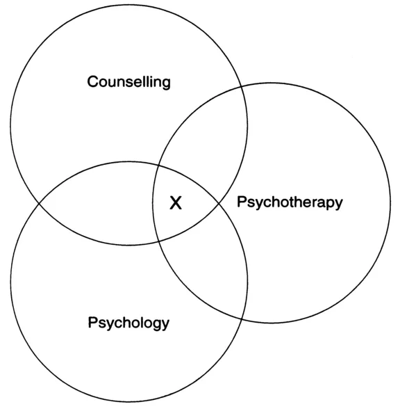 Figure 1.1 Venn diagram of the relationship between counselling, psychology and psychotherapy Source P. Clarkson and M. Pokorny (eds) Handbook of Psychotherapy, London: Routledge, 1994.