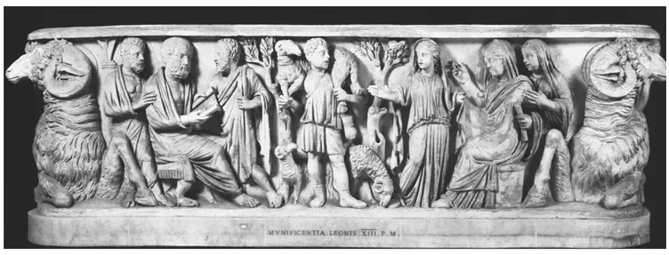 Figure 1.1 Teaching scene and orant. Sarcophagus, late third or early fourth century. Museo Pio Cristiano, Vatican. Found in the Via Salaria, near the Mausoleum ofLicinius Paetus. Photograph: Graydon F. Snyder.