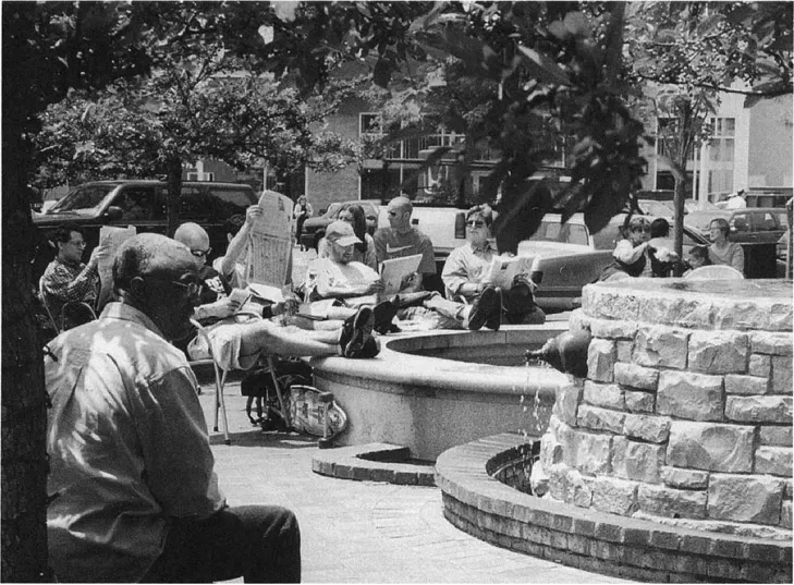 1.1 Optional and resultant activities taking place around a fountain in downtown Bethesda, Maryland. Urban design by Streetworks.