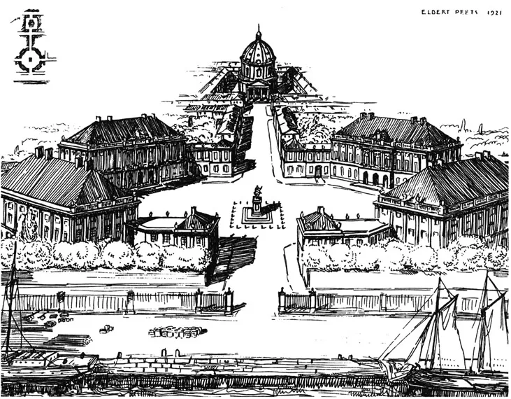 1.3 Elbert Peetsâ drawing of the Amalienborg Palace in Copenhagen, originally four individual houses of aristocratic families built in the late 18th century. The Marble Church in the background has its own civic square, connected by a ceremonial street to the palace. This kind of urban space is clearly a statement about power and precedence.