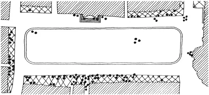 1.4 Jan Gehlâs survey of where people congregate in the city square, Ascoli Piceno, Italy. Almost everyone has chosen a protected spot around the perimeter of the square.