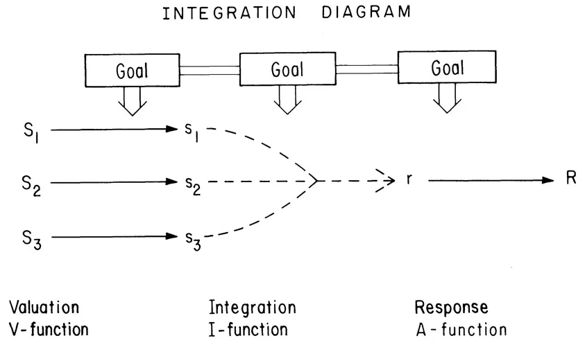 Figure 1. Information integration diagram. Chain of three linked operators, V - I - A, leads from observable stimulus field, {Si}, to observable response, R. Valuation operator, V, transforms observable stimuli, Si, into subjective representations, si. Integration operator, I, transforms subjective stimulus field, {si}, into implicit response, r. Action operator, A, transforms implicit response, r, into observable response, R. (After N. H. Anderson, Foundations of Information Integration Theory, 1981.)