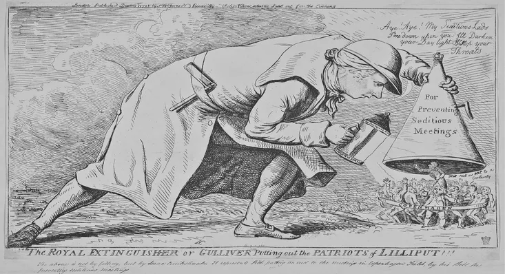 Fig. 1.1 Isaac Cruikshank, 'The Royal Extinguisher or Gulliver putting out the Patriots of Lilliput!!!'. 1 December 1795, BM8701