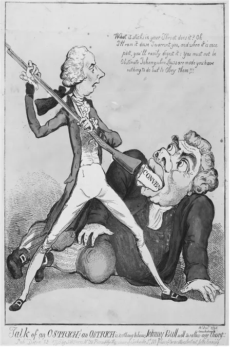 Fig 1.2 Benjamin West, ‘Talk of an Ostrich! An Ostrich is Nothing to Him; Johnny Bull will Swallow Any Thing!’, 13 December 1795, BM8703